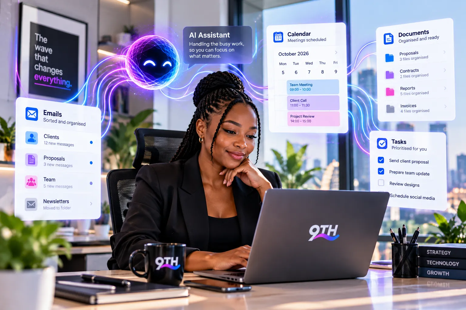 A businesswoman works at a laptop while an AI assistant organises her email, calendar, documents and tasks.