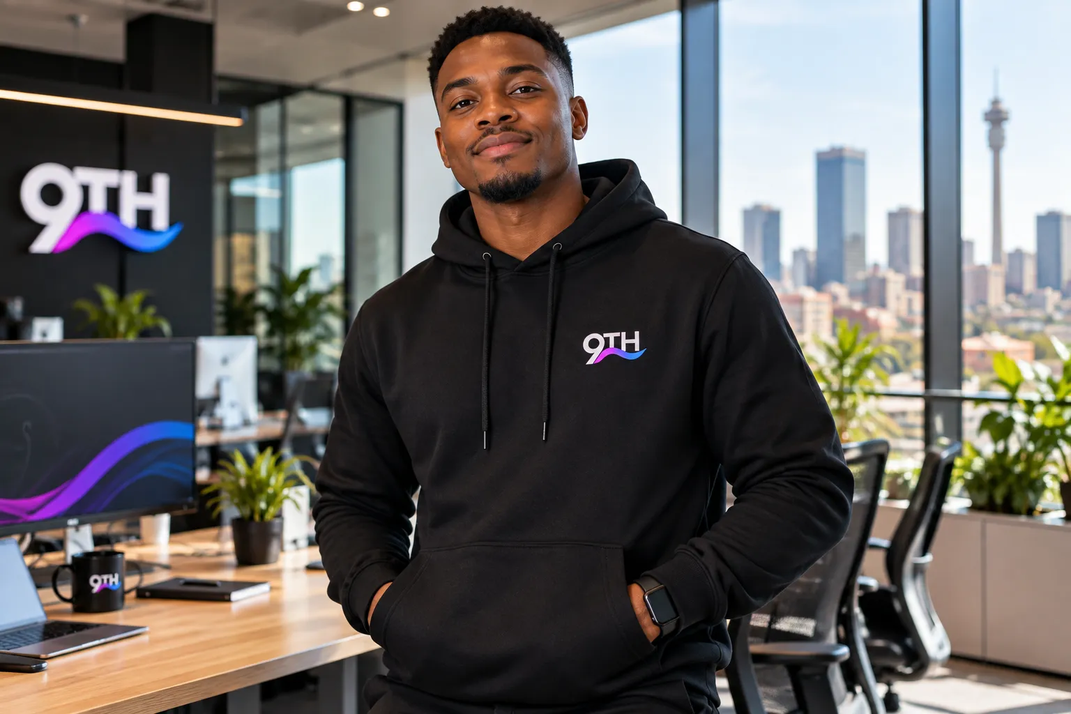A person wearing a black Ninth Group hoodie in a bright office that overlooks a city skyline.