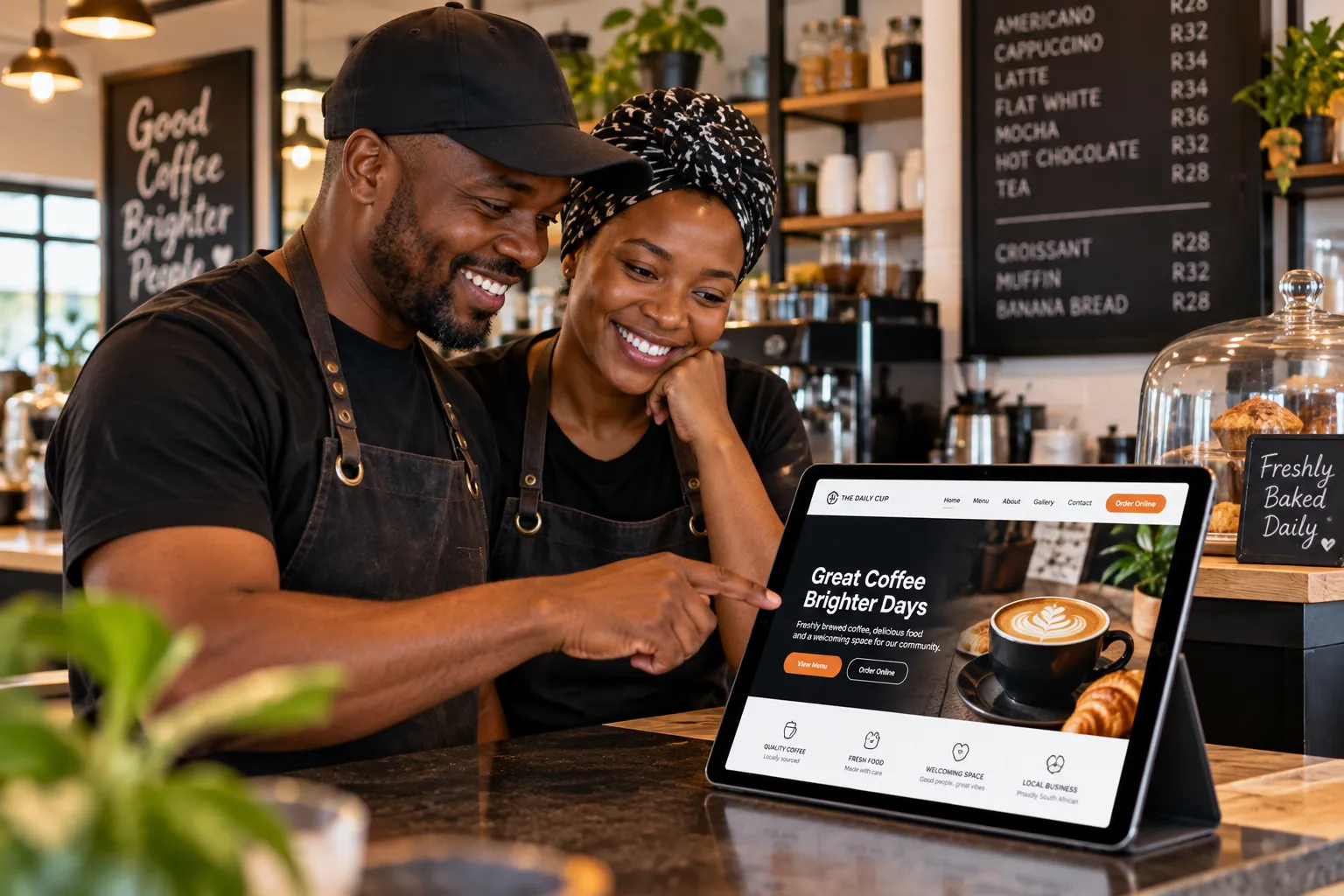 Two café owners smile as they look at a café website on a tablet at their counter.