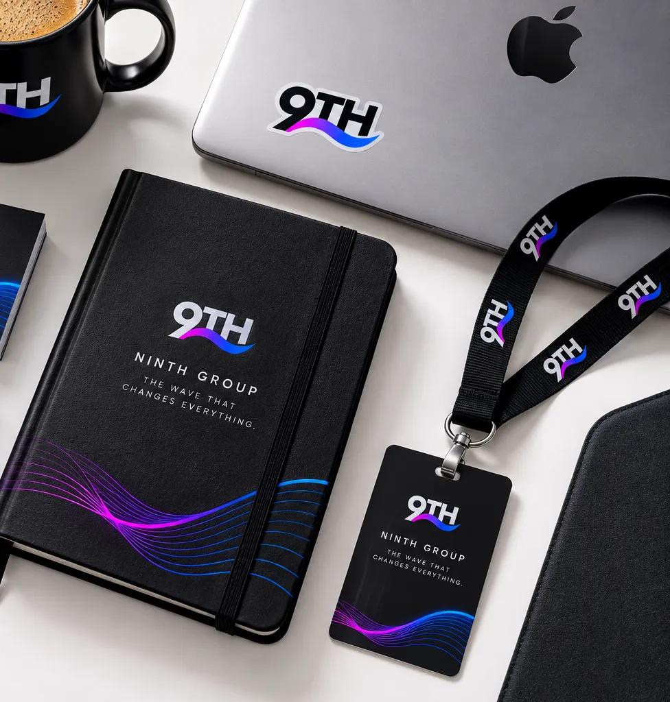 Ninth Group branded notebook, lanyard and ID card, mug, and a laptop with a 9TH sticker.