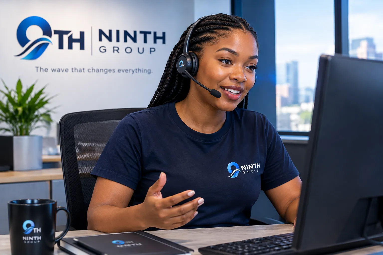 A person wearing a headset smiles while speaking with a caller at a computer.